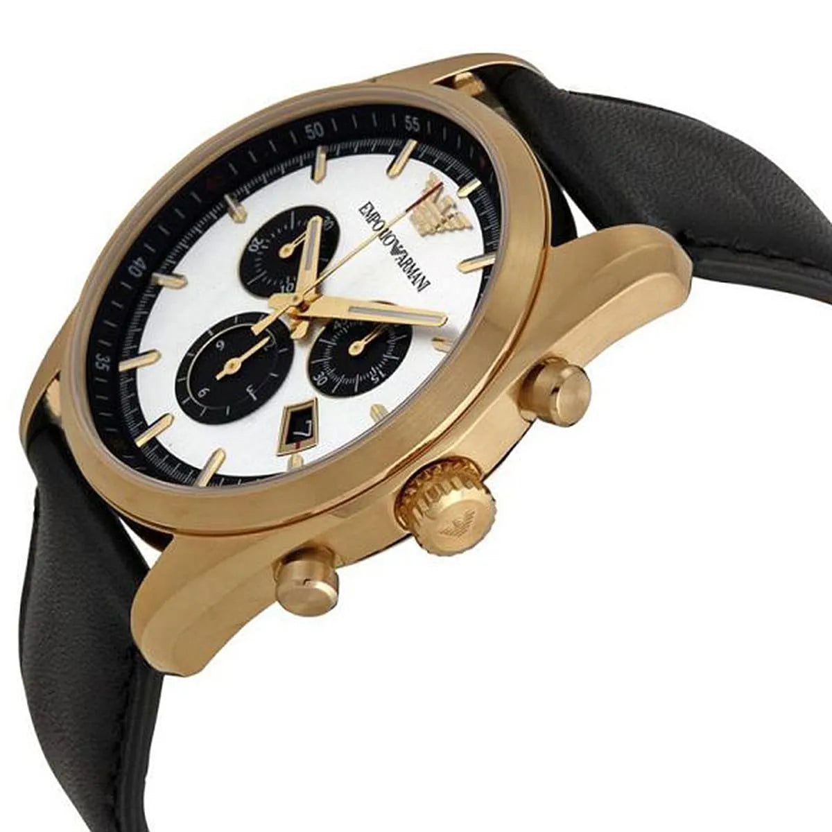 Emporio Armani Luigi AR6012 chronograph watch worn on wrist with black leather strap