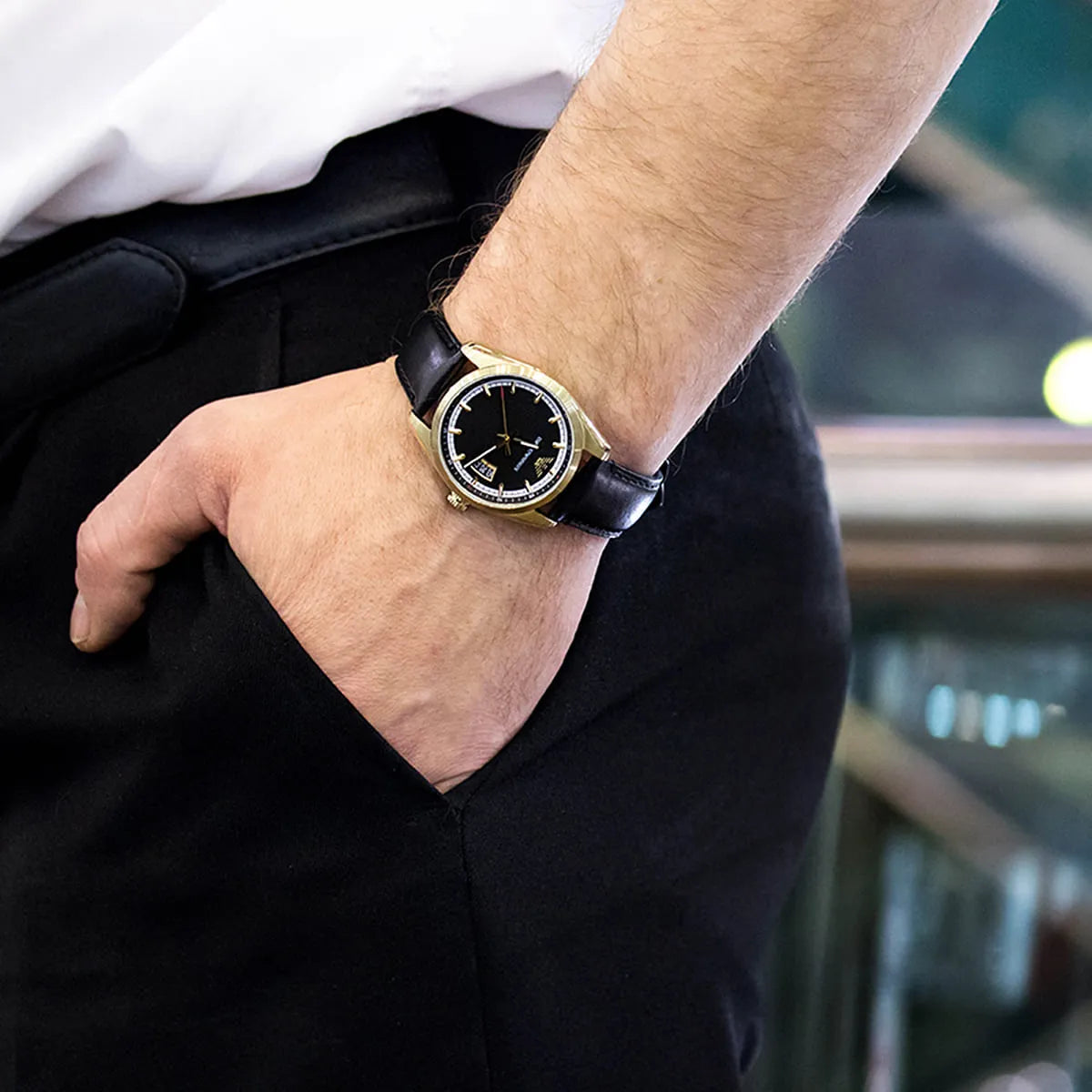Emporio Armani AR6018 watch worn on wrist with black leather strap