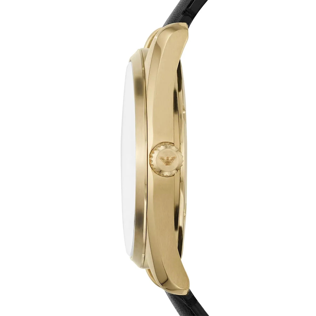 Side profile of Emporio Armani AR6018 watch showing gold case depth and Emporio Armani logo