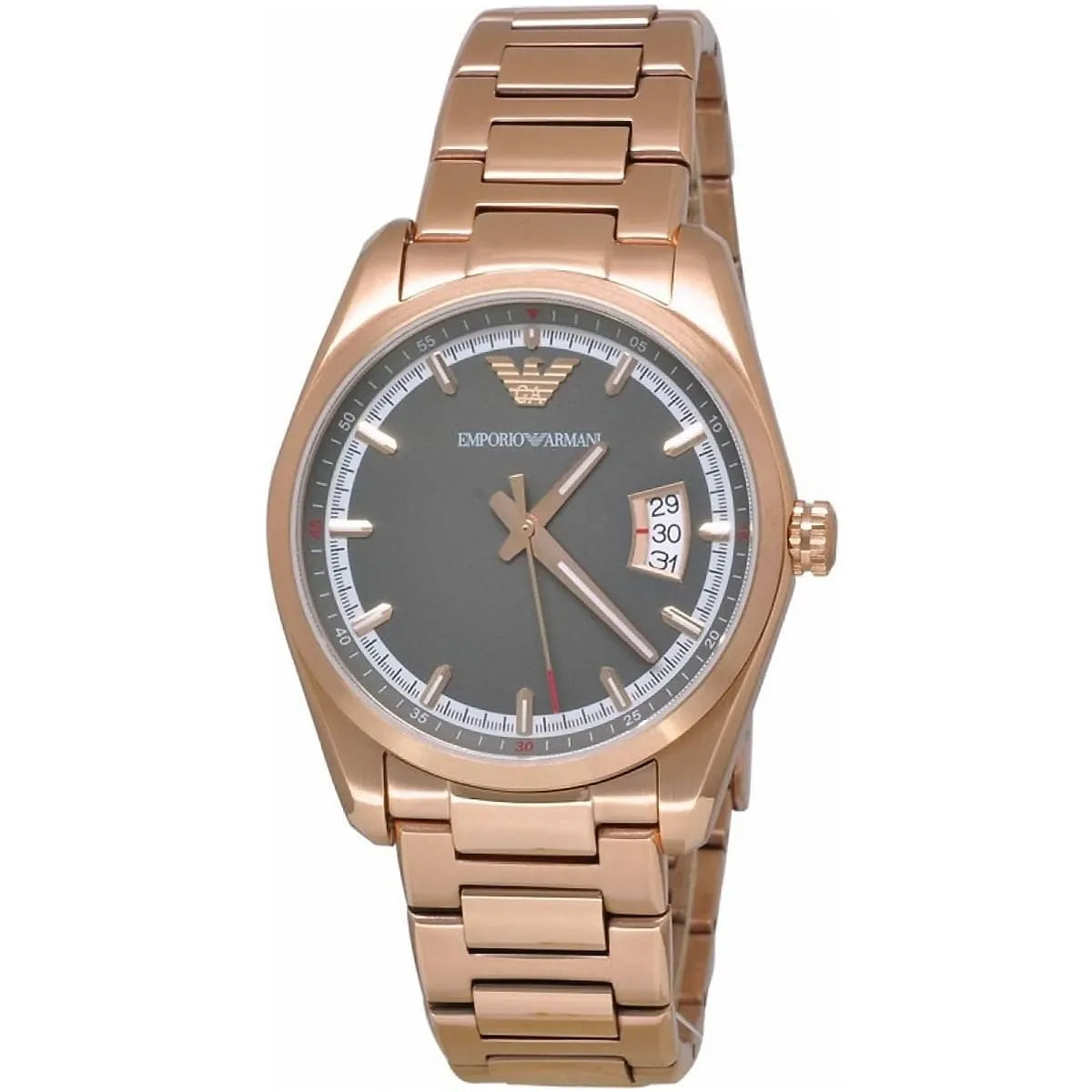 Emporio Armani AR6020 three-quarter view showing rose gold bracelet and gray dial