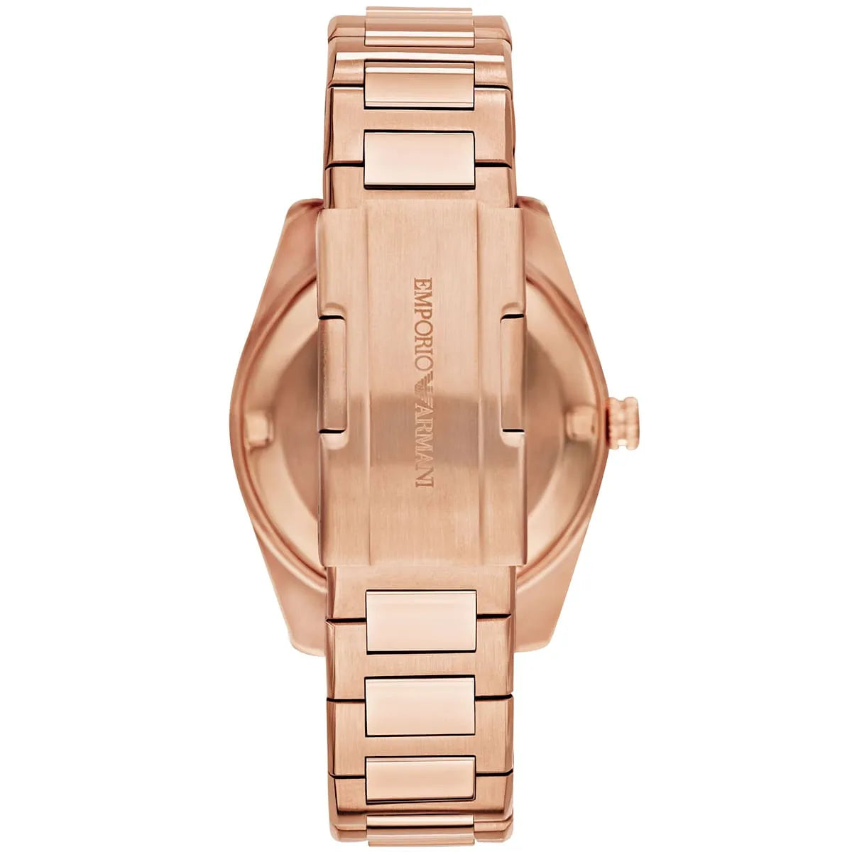Emporio Armani New Tazio Medium caseback with engraved logo and rose gold finish