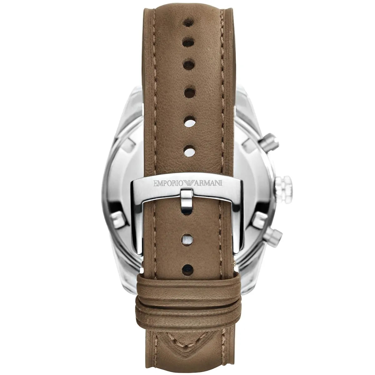 AR6042 watch caseback view showing stainless steel back with brown leather strap and adjustable clasp