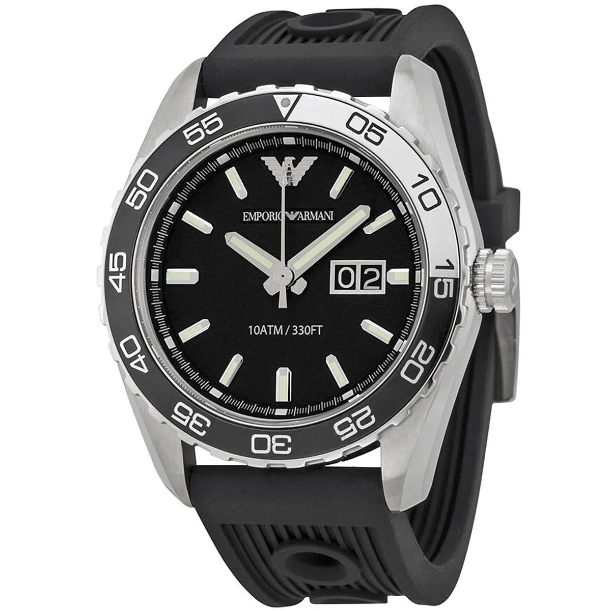 AR6044 Emporio Armani watch angled view showing black dial with white markers and silver case