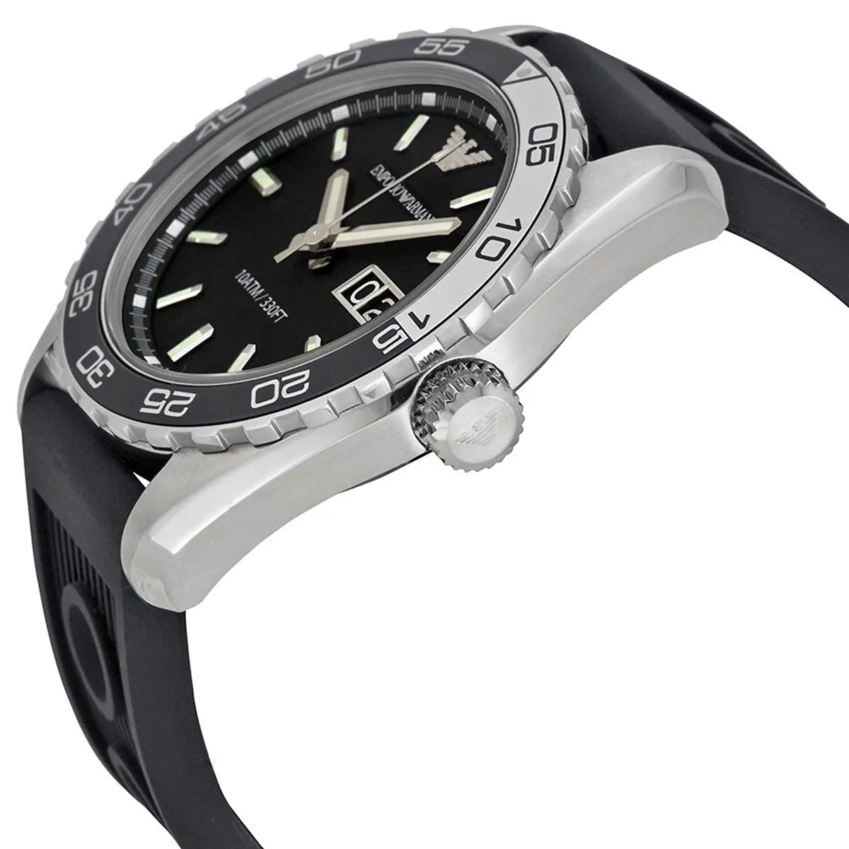 AR6044 Emporio Armani watch side profile showing silver crown, case thickness, and black strap