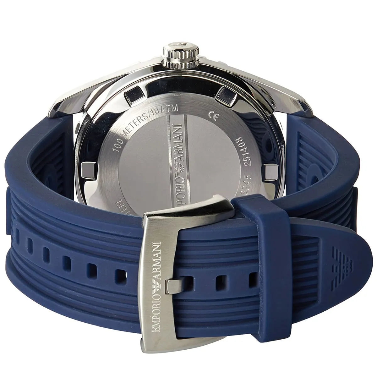 Caseback of Emporio Armani AR6045 showing 10ATM/330FT water resistance marking and brand engraving