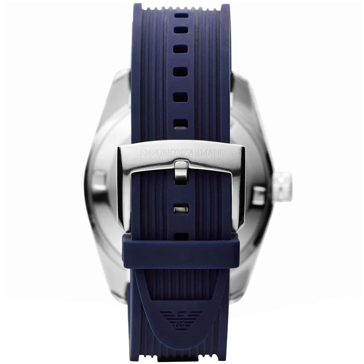 Navy silicone strap detail of AR6045 with metal buckle clasp and textured rubber surface