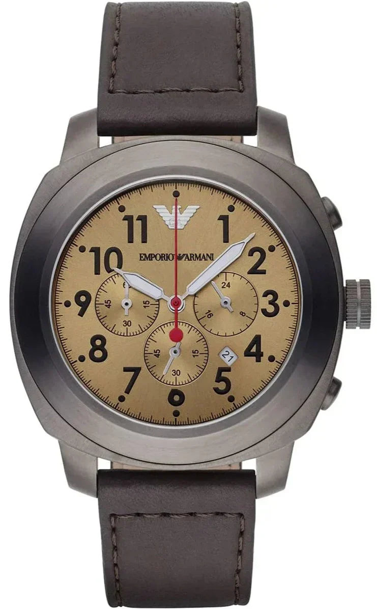 Emporio Armani AR6055 chronograph watch with brown dial and dark leather strap