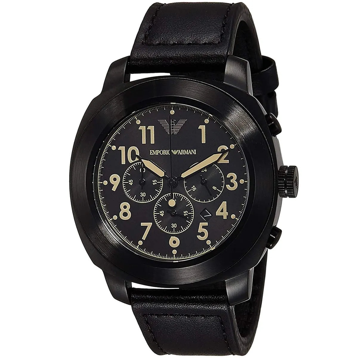 Three-quarter view of Emporio Armani AR6061 showing black case and leather strap with chronograph subdials