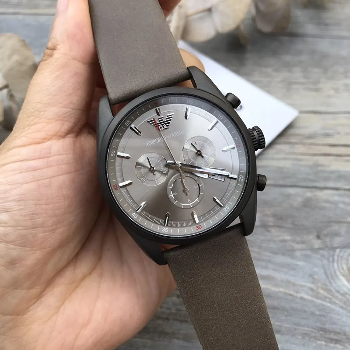 Emporio Armani Men's Chronograph Tazio Khaki Leather Strap Watch 43mm AR6076