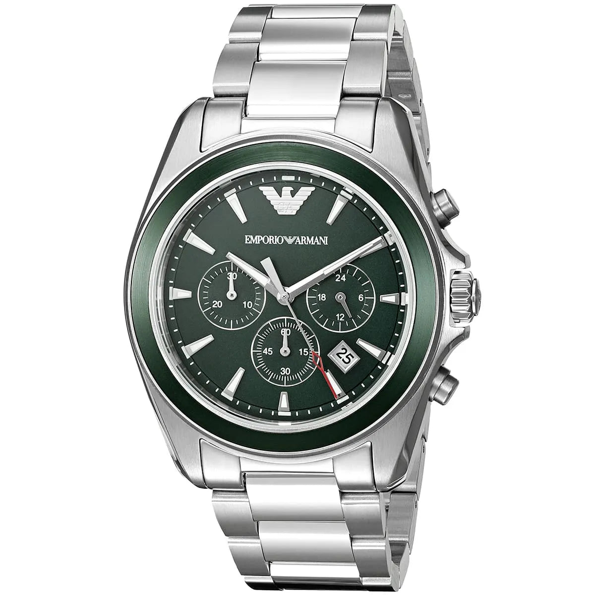 Emporio Armani AR6090 watch with green dial, three chronograph sub-dials, angled view