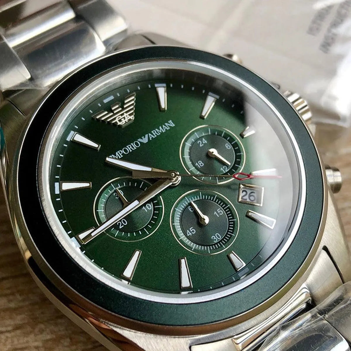 Emporio Armani AR6090 green chronograph dial with three sub-dials and hour markers
