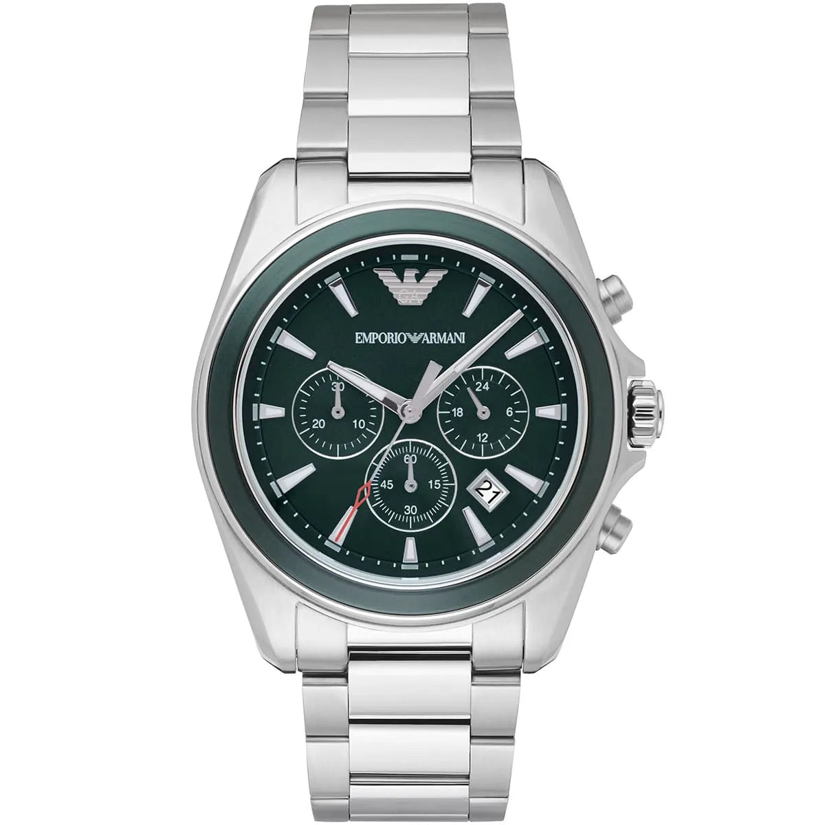 Emporio Armani AR6090 chronograph watch with green dial and silver metal strap, front view