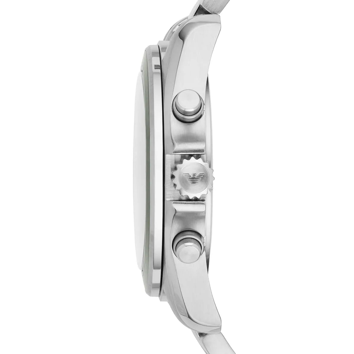 Emporio Armani AR6090 watch side view with chronograph pushers and crown detail