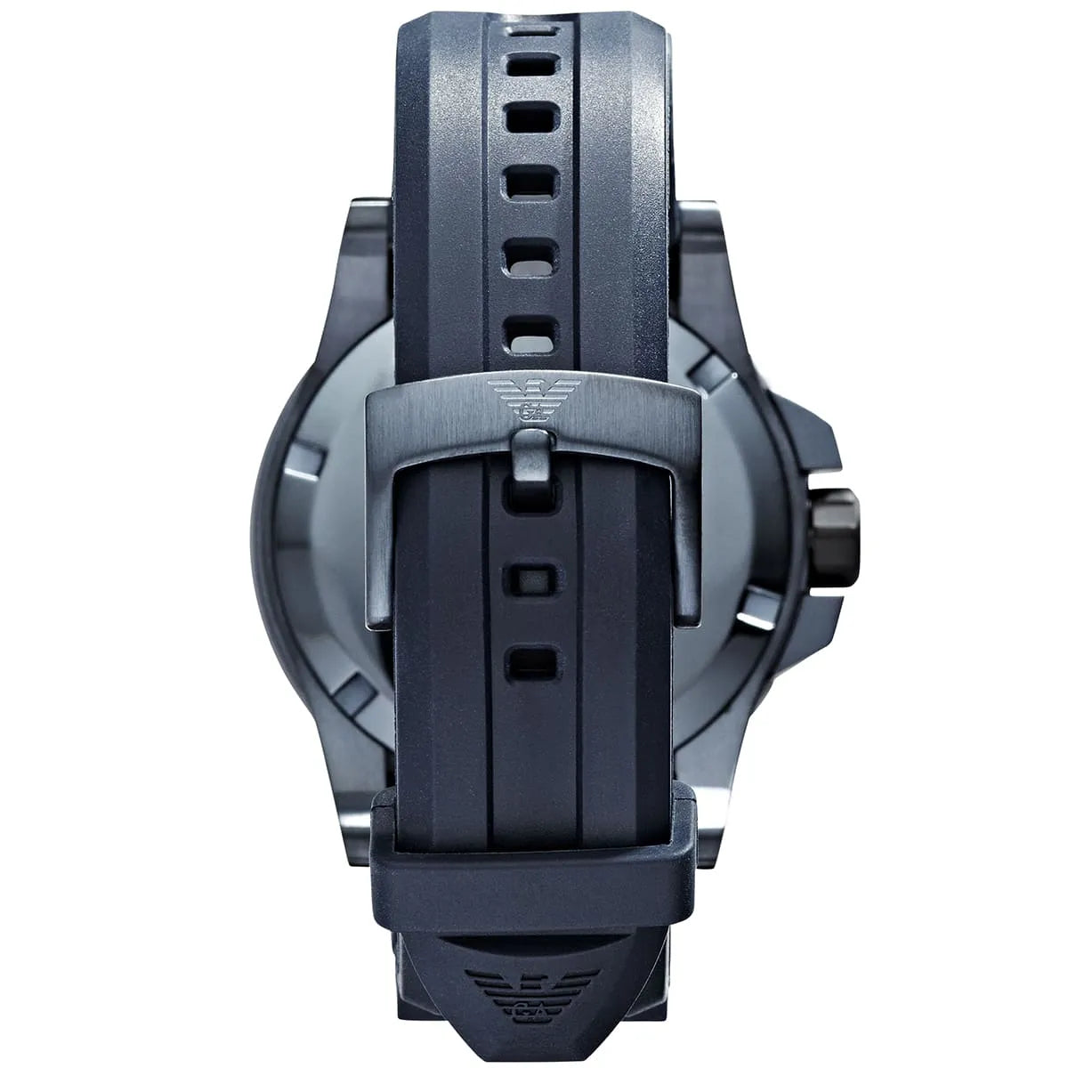 AR6100 watch case back showing blue rubber strap attachment and Emporio Armani branding