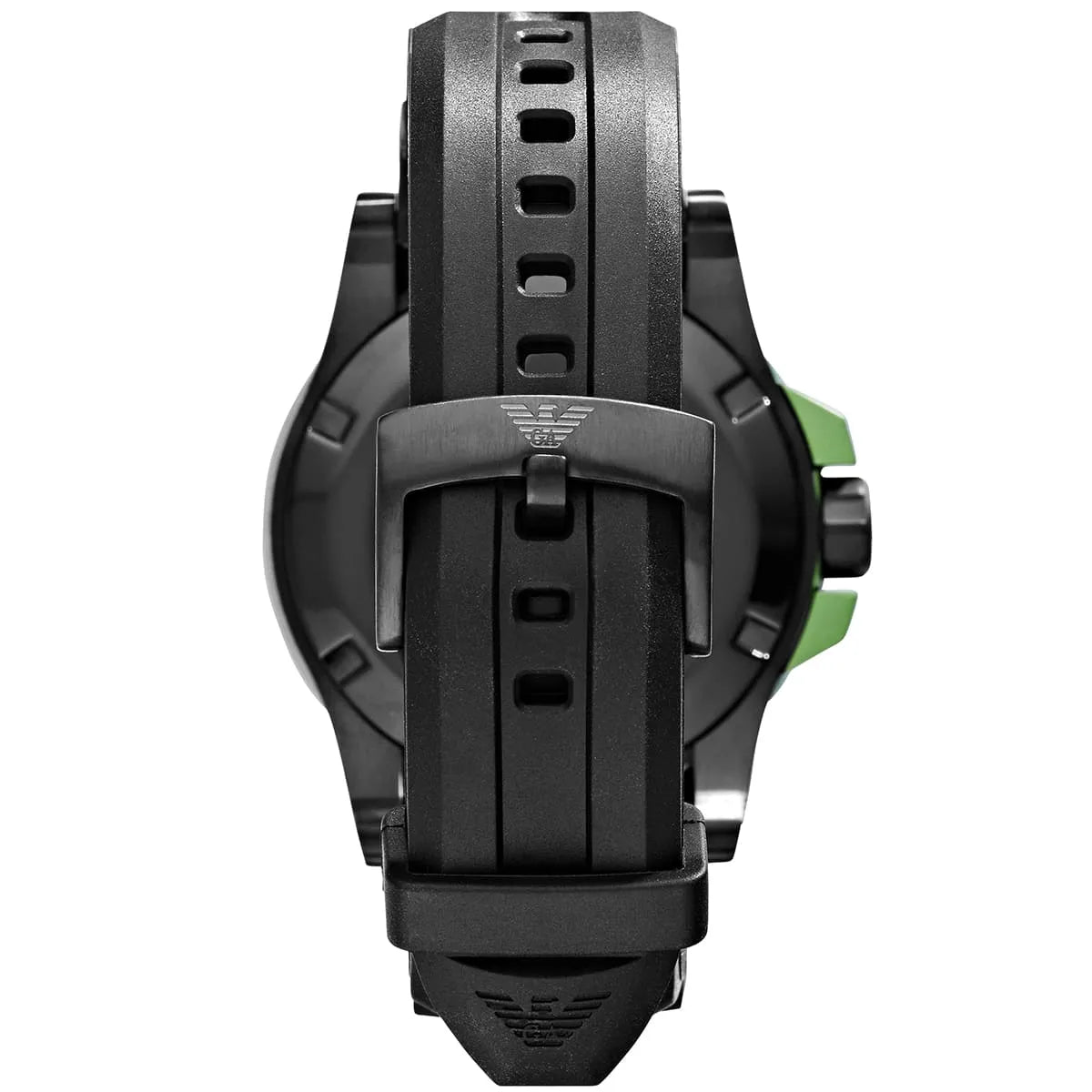 AR6102 caseback view showing watch movement and Emporio Armani branding