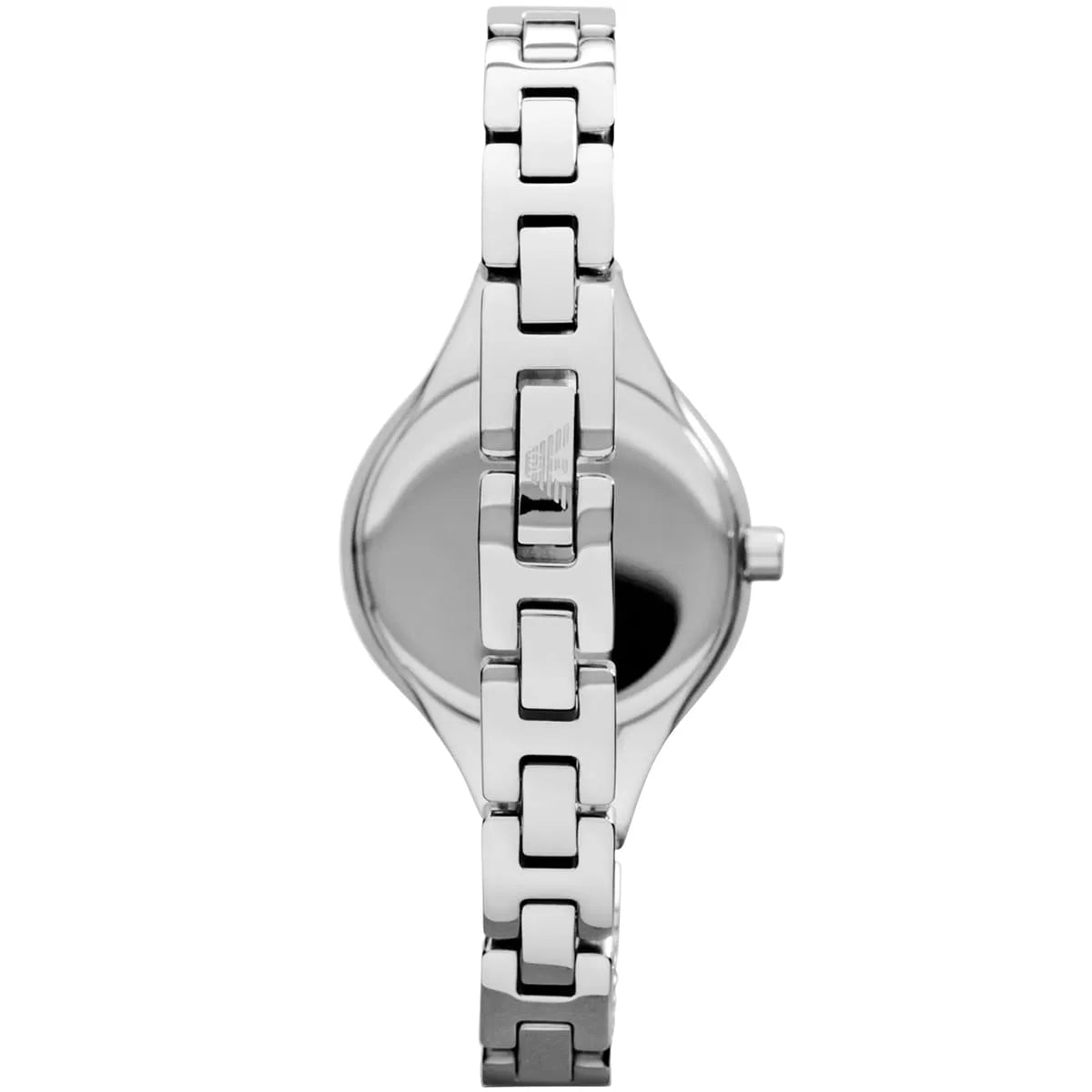 Angled back view of Emporio Armani Chiara women's watch showing silver bracelet design