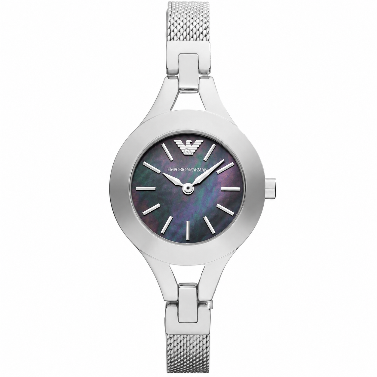 Emporio Armani Chiara women's watch with dark mother-of-pearl dial and silver mesh bracelet