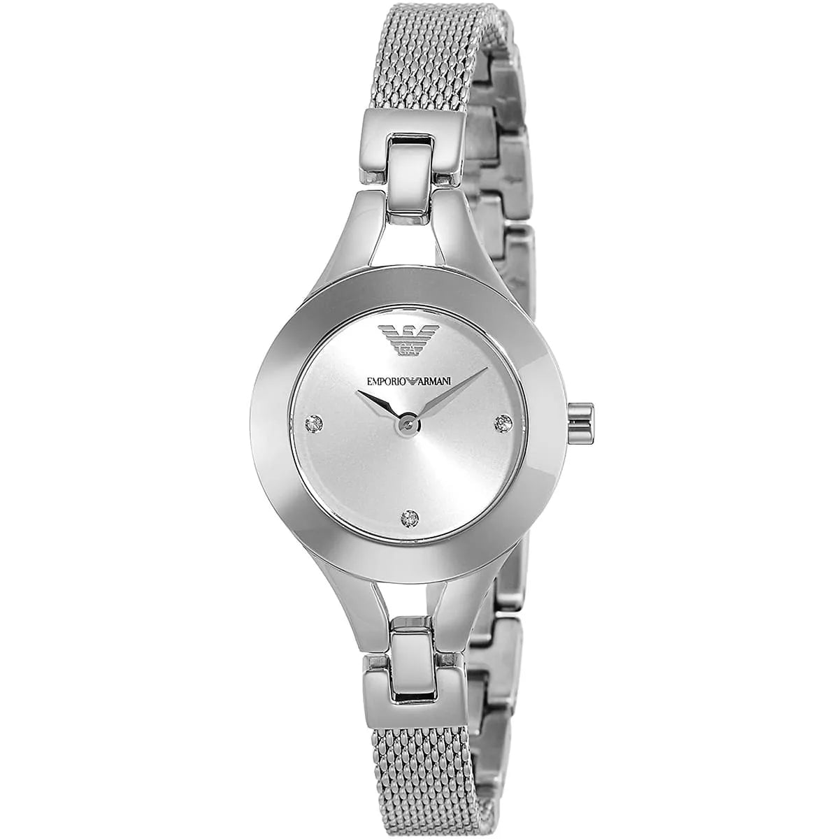 AR7361 Emporio Armani women's quartz watch angled view with silver mesh bracelet