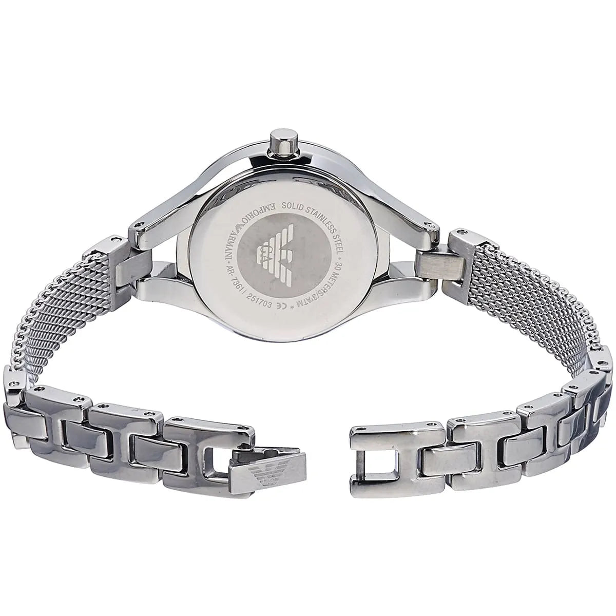 AR7361 Emporio Armani caseback with stainless steel mesh and link bracelet detail