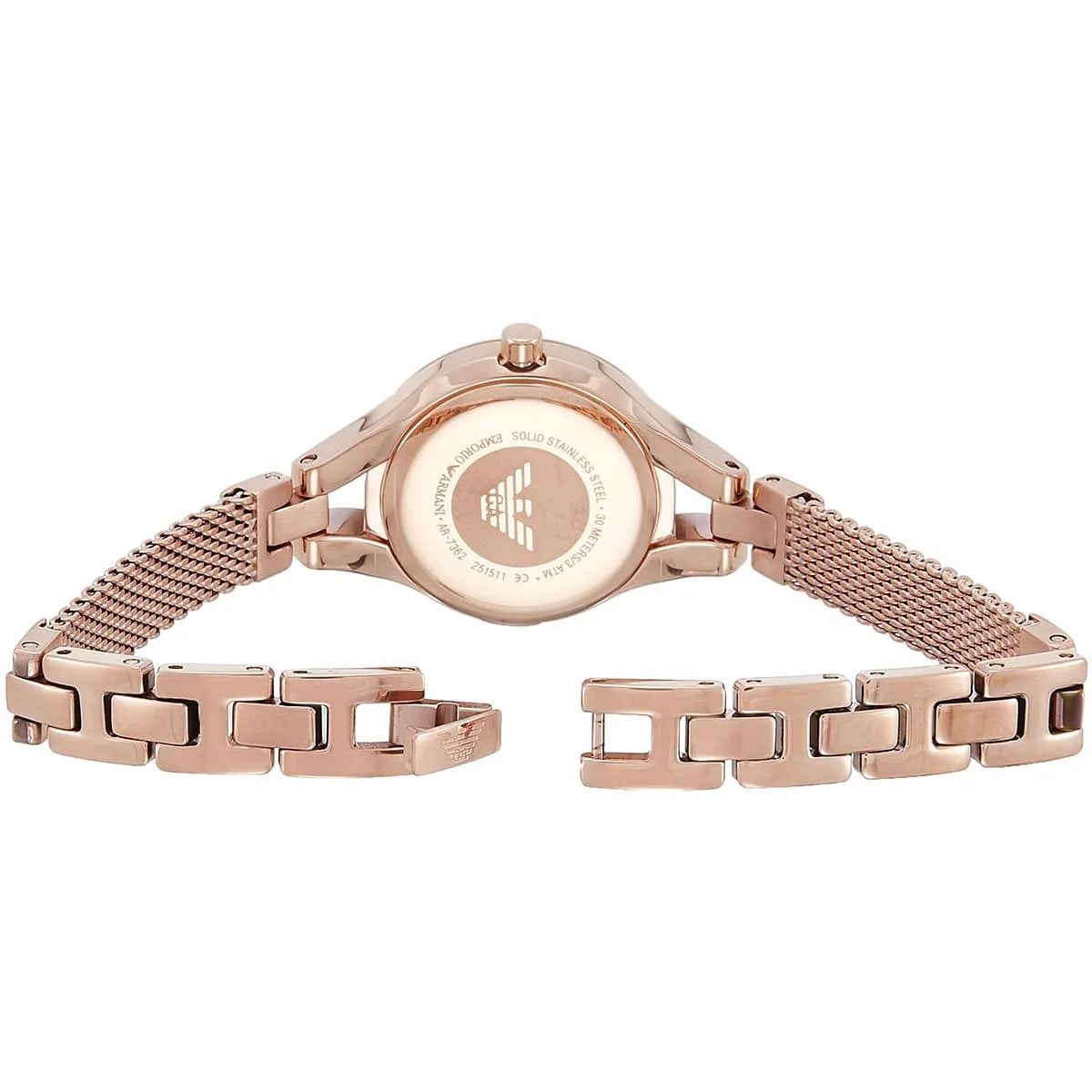 Case back of Emporio Armani Chiara watch showing stainless steel and branding