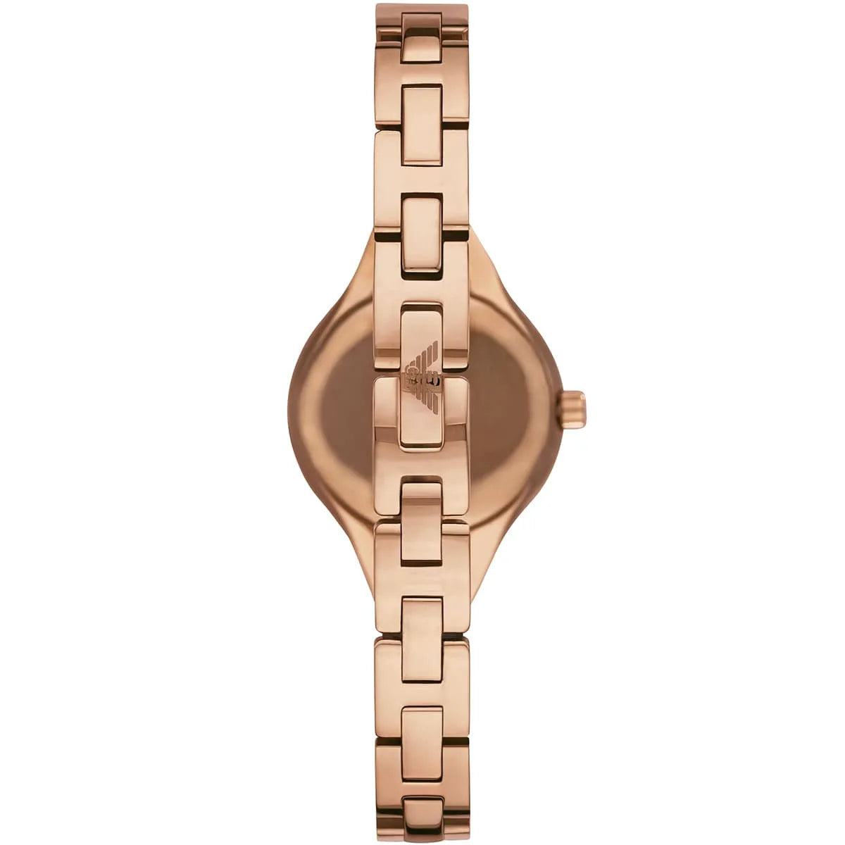 Side view of Emporio Armani Chiara watch showing rose gold case profile and strap