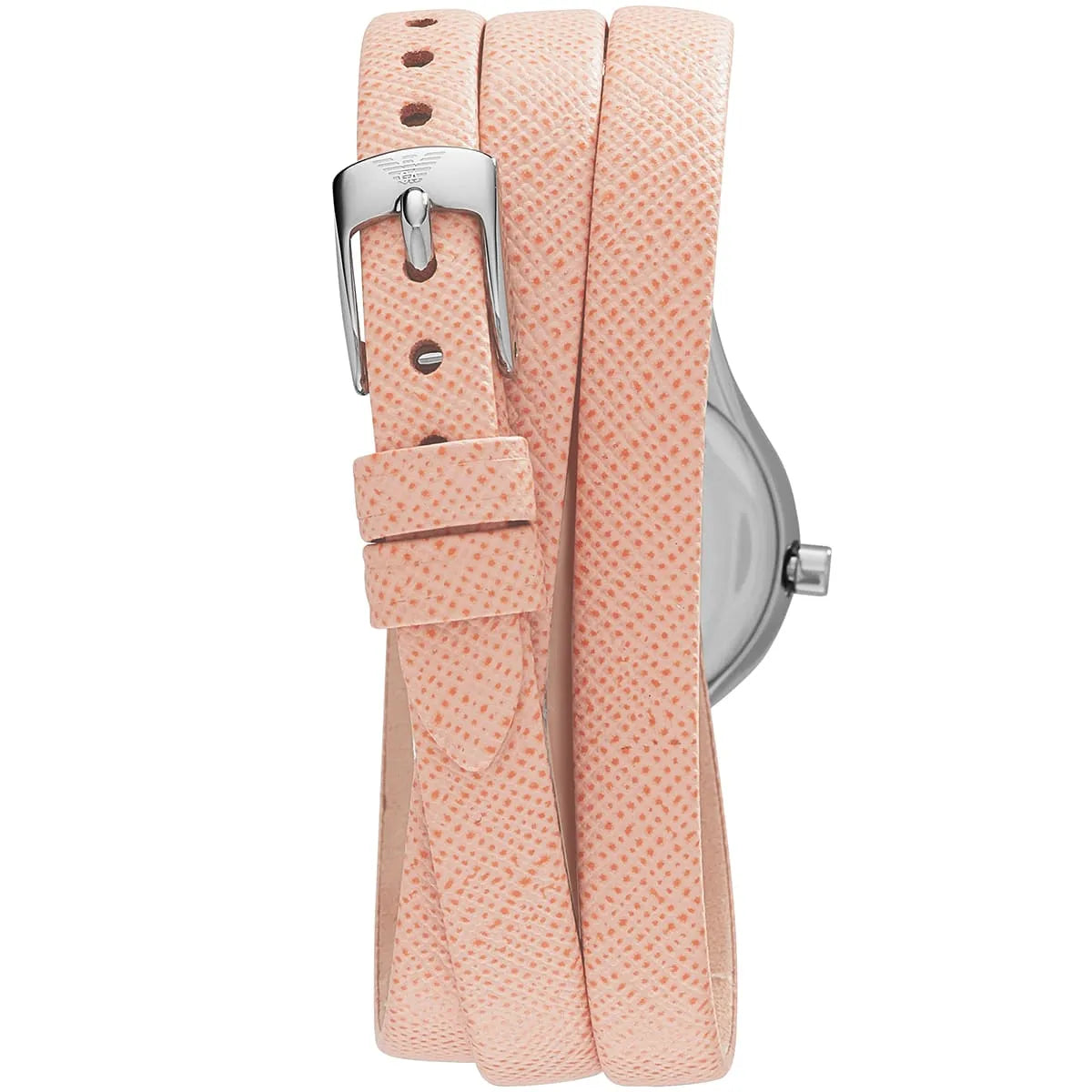 Back view of Emporio Armani Chiara watch with double-wrap pink leather strap and buckle