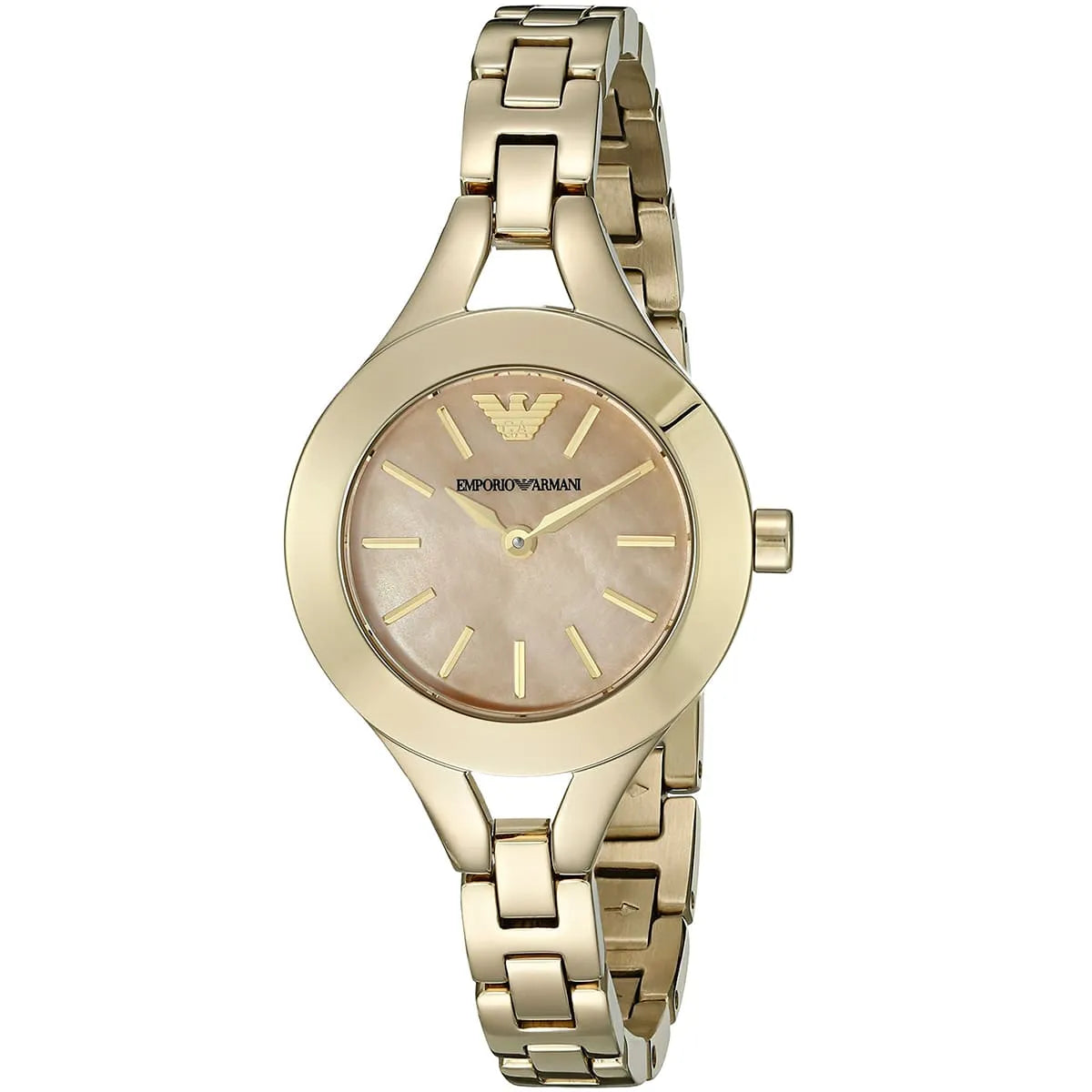Three-quarter view of Emporio Armani Chiara watch with round pink dial and gold bracelet