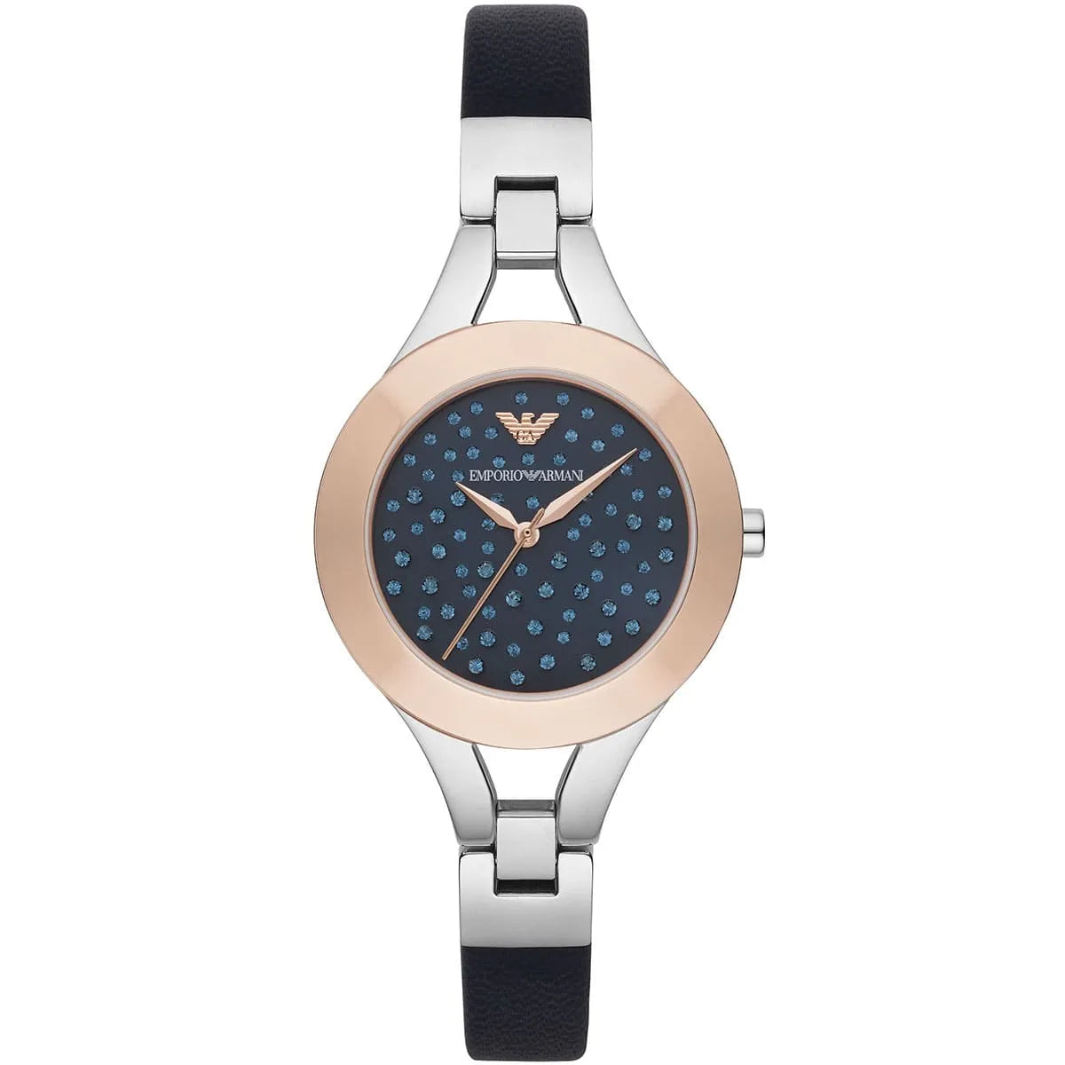 Emporio Armani Chiara women's watch with rose gold bezel and blue crystal dial