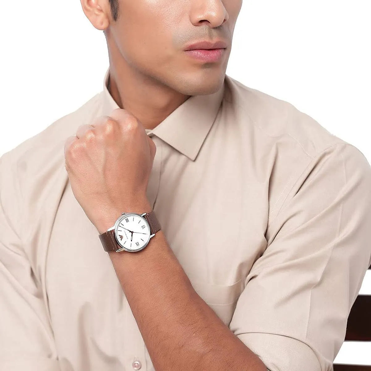 Emporio Armani Kappa Quartz White Dial Brown Leather Strap Men's Watch AR80006