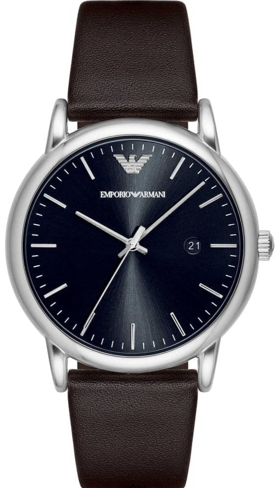 Emporio Armani Silver Tone Black Dial Brown Leather Strap Men's Watch - AR80008