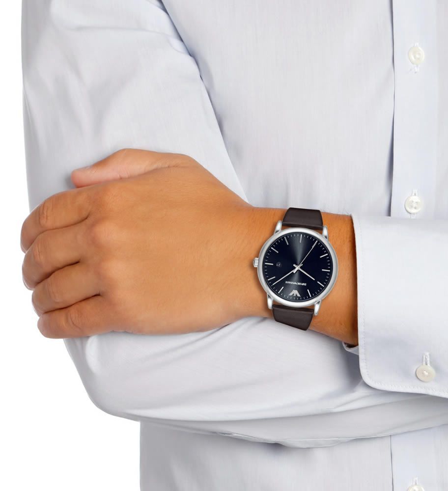 Emporio Armani Silver Tone Black Dial Brown Leather Strap Men's Watch - AR80008