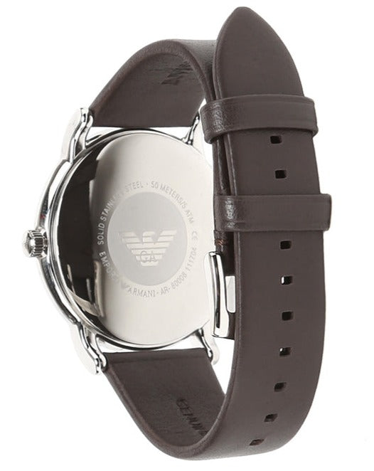Emporio Armani Silver Tone Black Dial Brown Leather Strap Men's Watch - AR80008