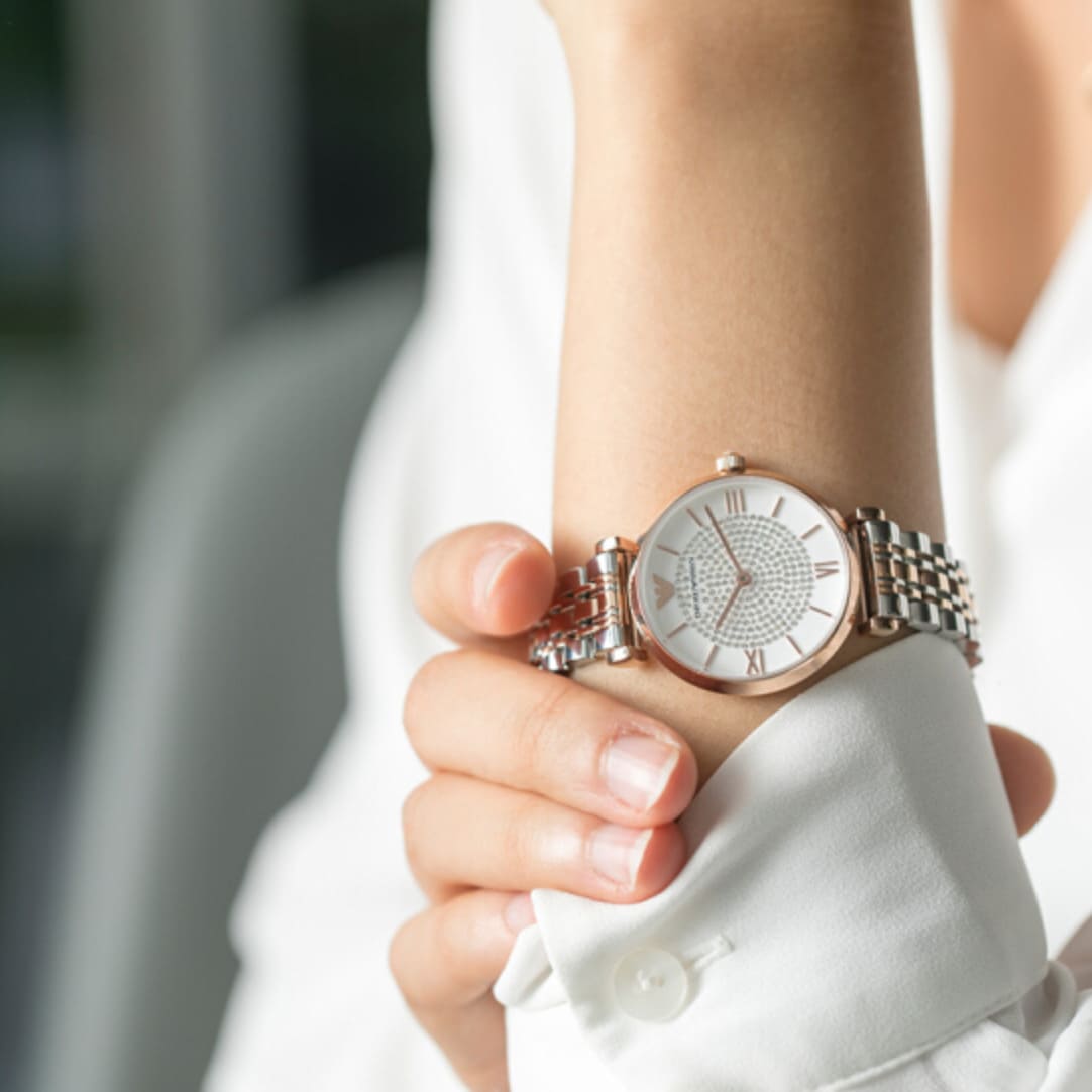 Emporio Armani Gianni T-Bar White Dial Two Tone Steel Strap Women's Watch AR80035