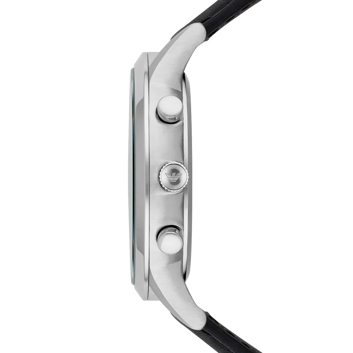 Side profile of Emporio Armani Renato AR8034 watch with chronograph pushers and black leather strap