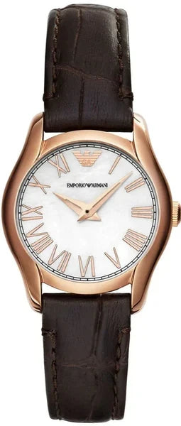 Emporio Armani Rose Gold Tone White Dial Brown Leather Band Women's Watch AR9035L