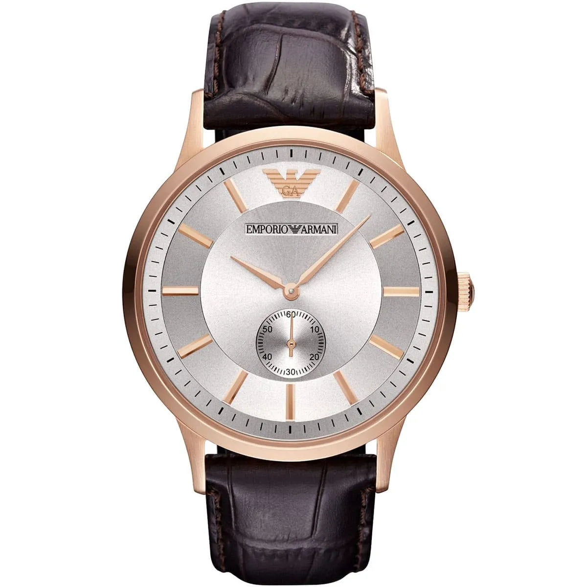 Emporio Armani AR9101 men's watch with silver dial, rose gold case, and brown leather strap