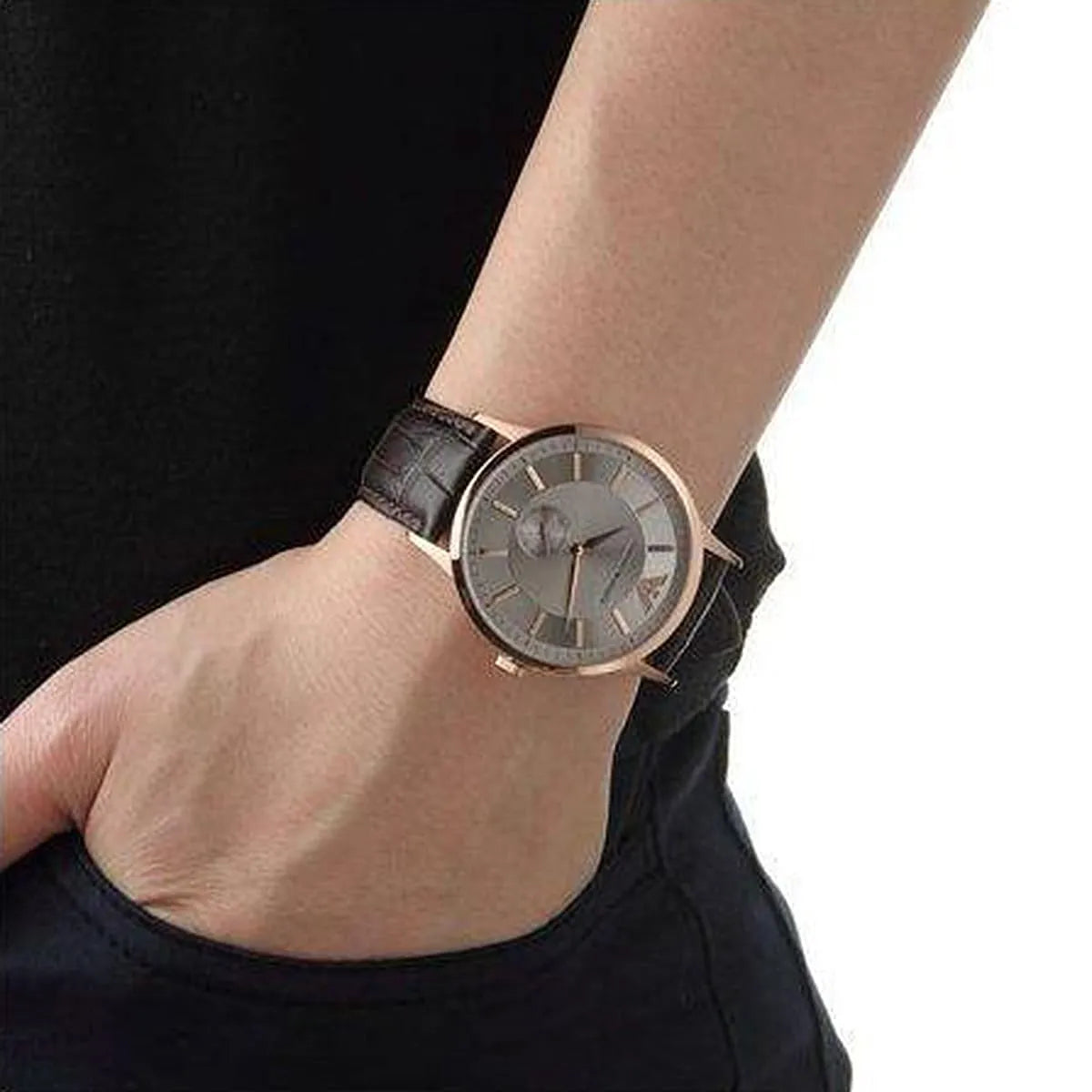Emporio Armani AR9101 worn on wrist showing silver dial with rose gold indices