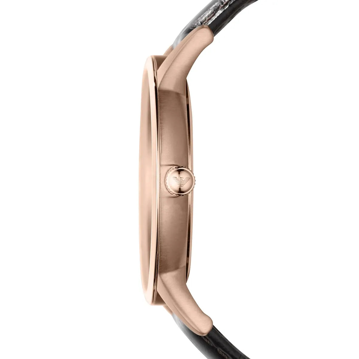 Emporio Armani AR9101 side profile view showing thin rose gold case and brown leather strap