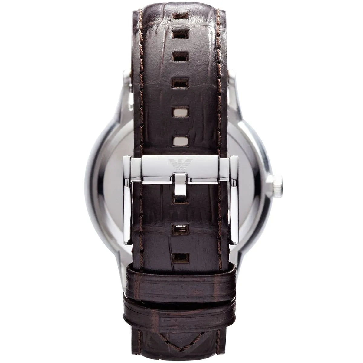 Emporio Armani Kappa AR9106 caseback showing stainless steel case and brown leather strap