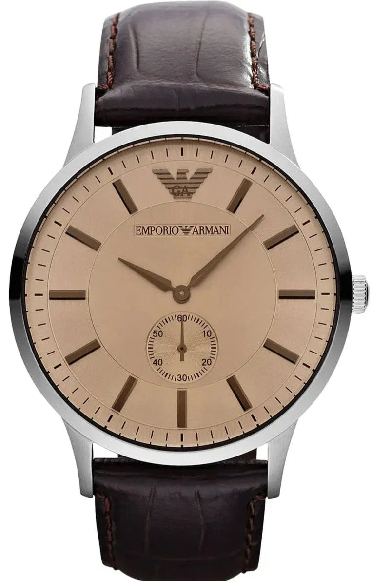 Emporio Armani Kappa AR9106 watch with brown dial, silver case, and brown leather strap