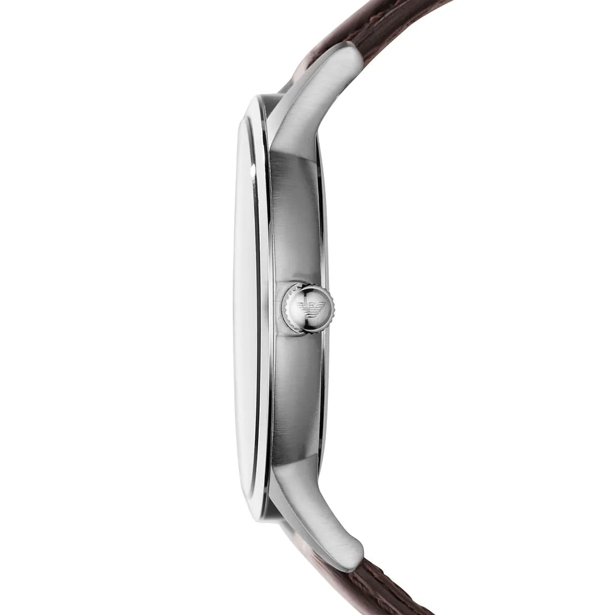 Emporio Armani Kappa AR9106 side view showing silver case thickness and brown leather strap