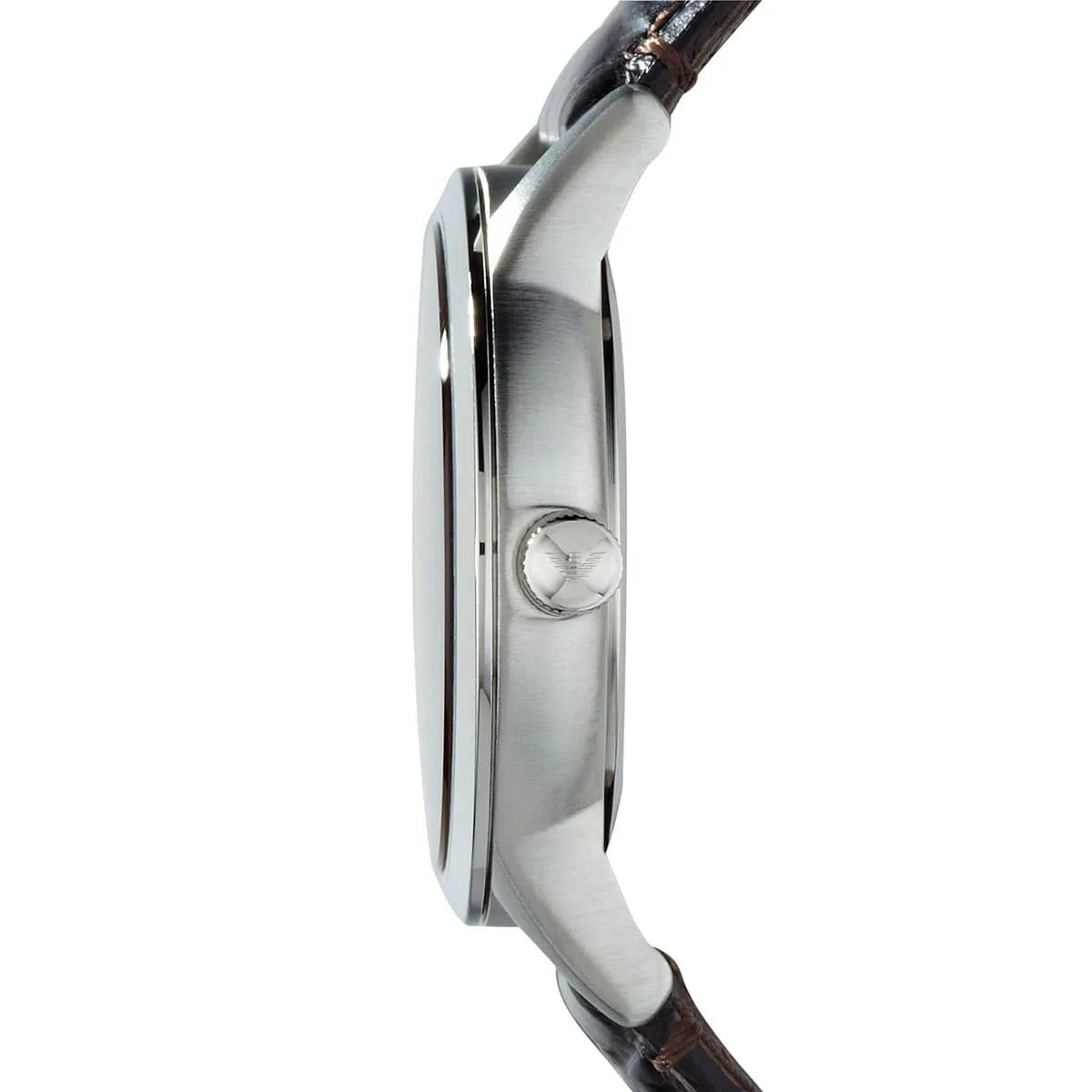 Side profile of AR9106L watch showing silver case thickness and brown leather strap