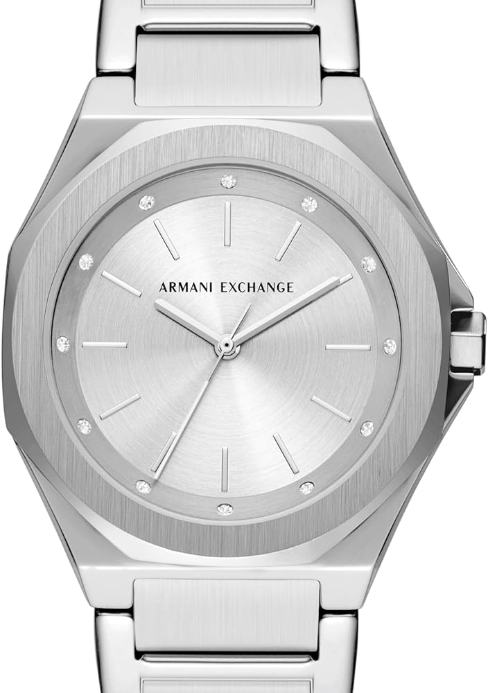 AX4606 dial close-up showing white face with hour markers and Armani Exchange branding