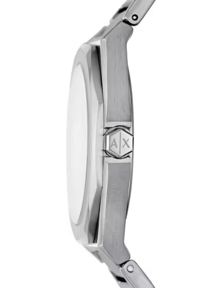 AX4606 side profile showing slim silver case and stainless steel band with AX logo