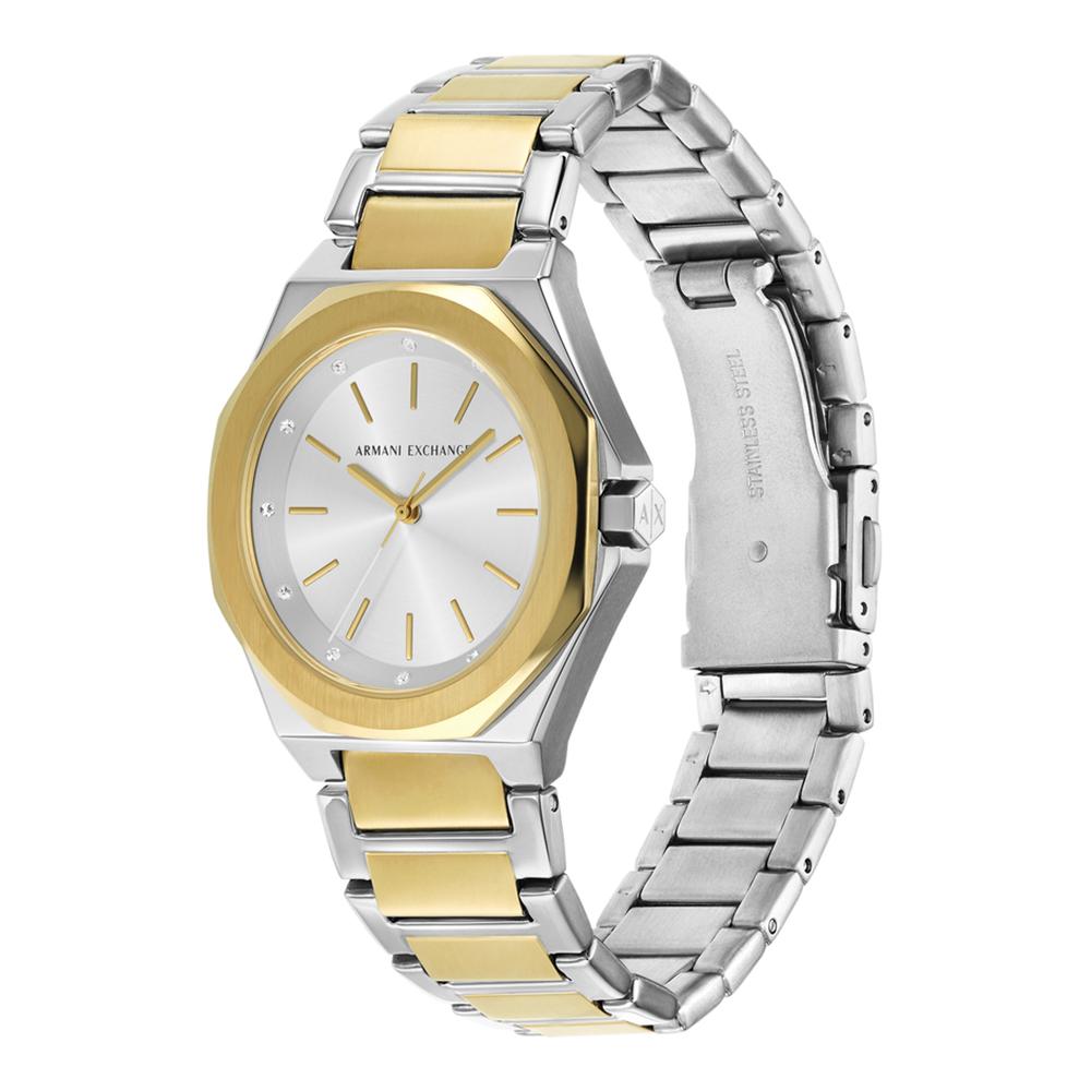 Armani Exchange Andrea two-tone watch at angle showing round case and mixed metal strap
