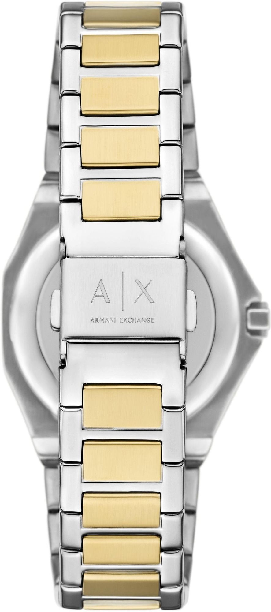Caseback of Armani Exchange Andrea watch showing AX logo and two-tone metal band