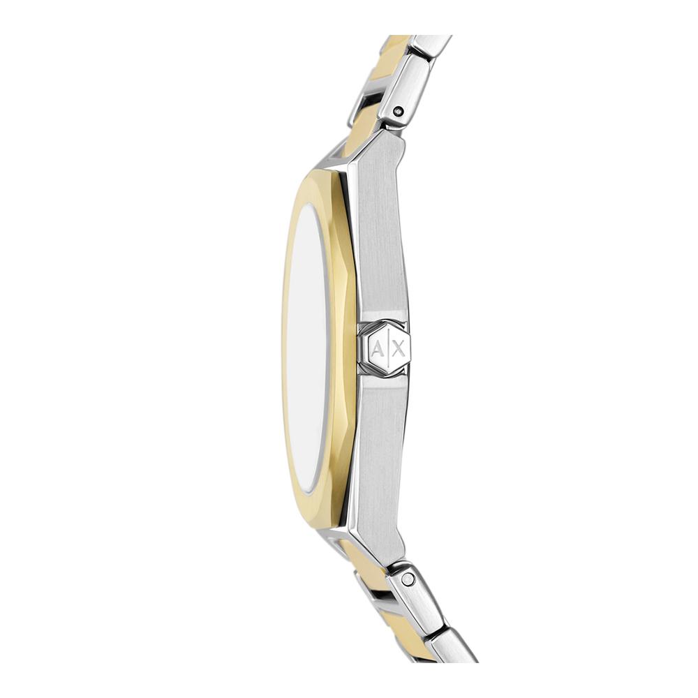Side profile of Armani Exchange Andrea watch showing two-tone case and deployment clasp