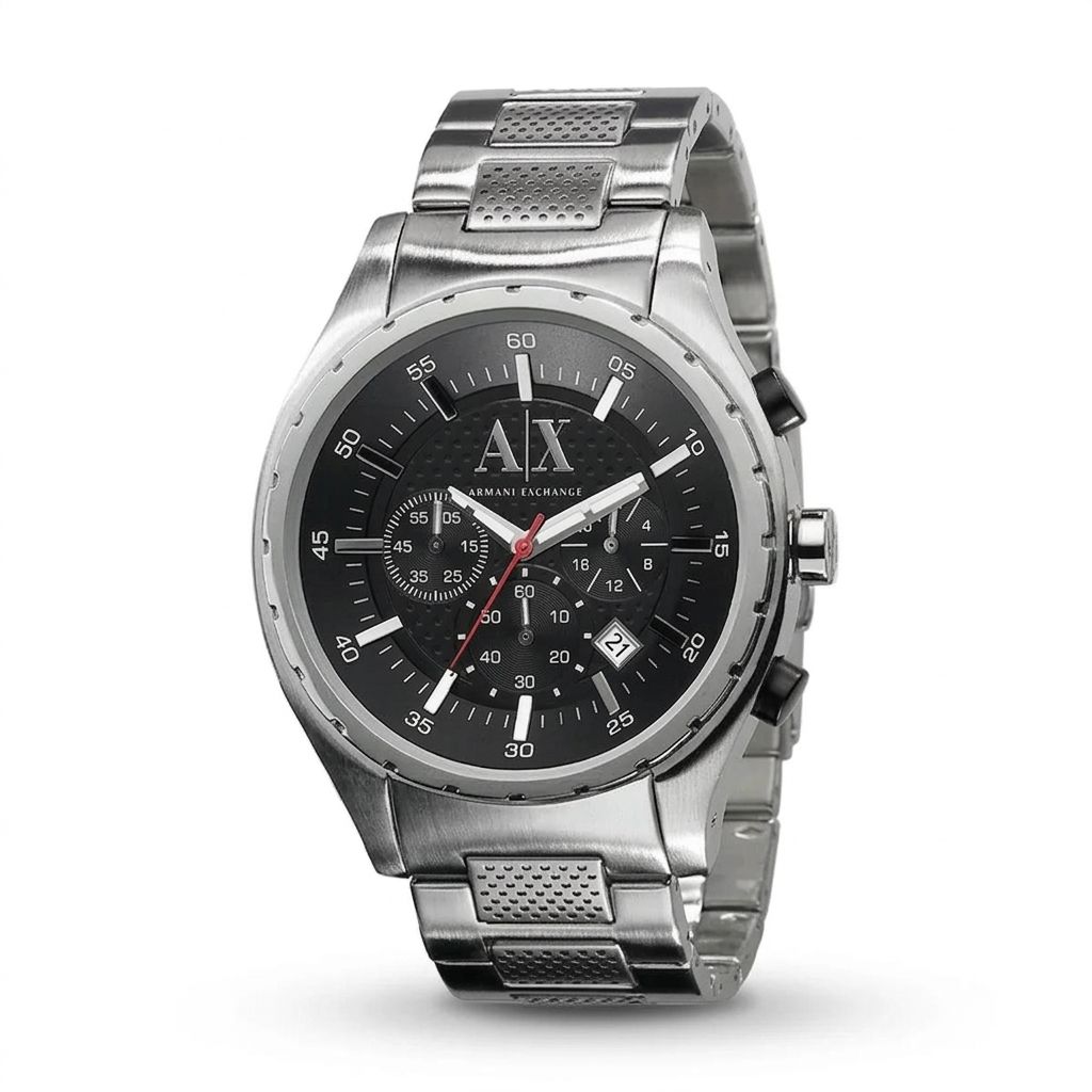 Side angle view of Armani Exchange AX1057 silver chronograph with black dial and metal band