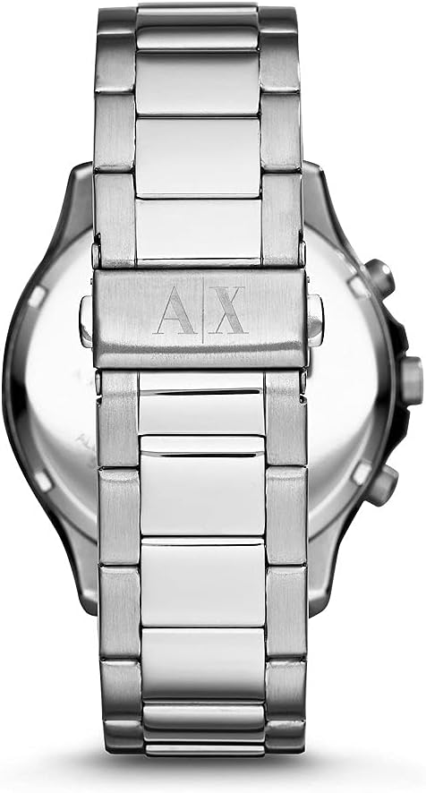 Back view of Armani Exchange AX1057 showing stainless steel bracelet with AX engraved clasp
