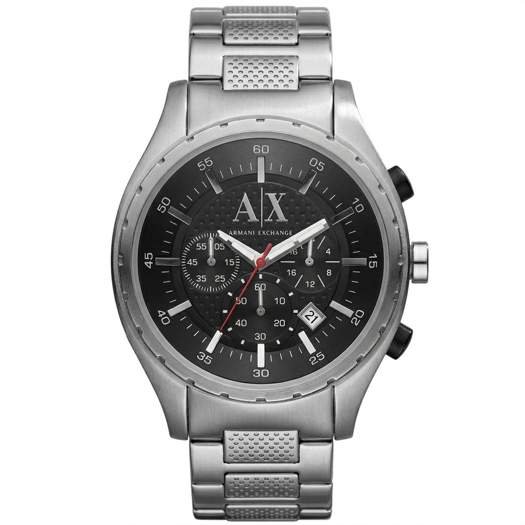 Armani Exchange AX1057 silver chronograph watch with black dial, AX logo, and silver bracelet